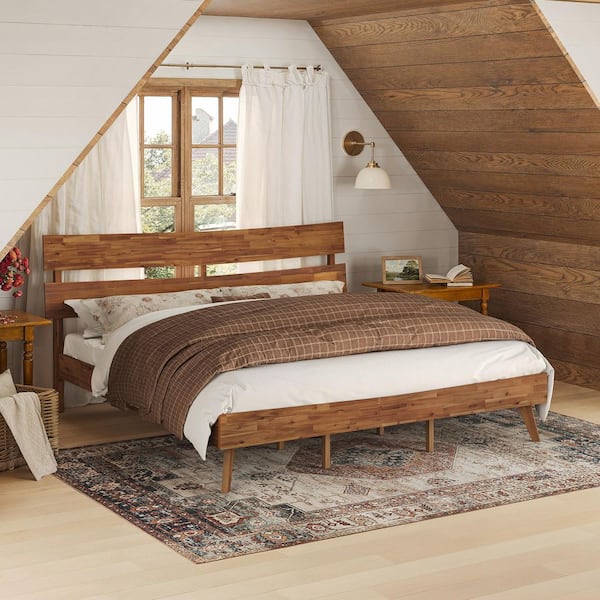 Mela Brown Caramel Acacia Solid Wood Frame Curved Headboard King Platform Bed Frame with Wooden Slats