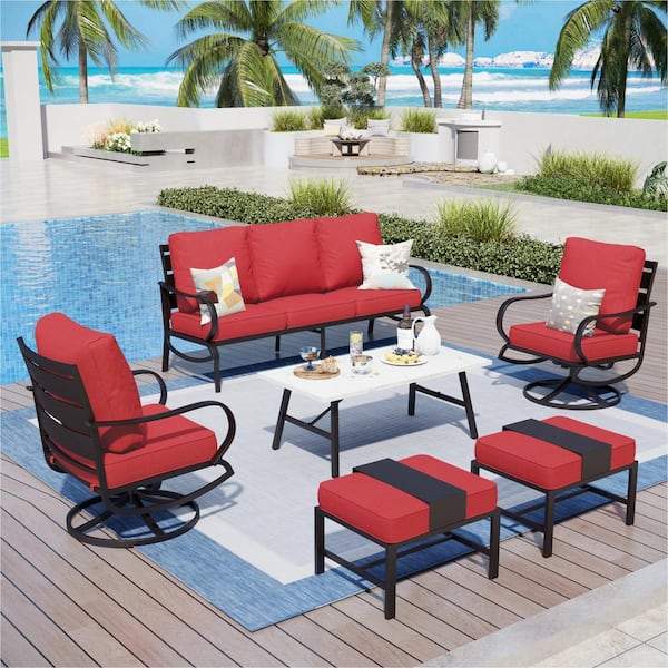 PHI VILLA Metal Slatted 7-Seat 6-Piece Outdoor Patio Conversation Set with Red Cushions and Table with Marble Pattern Top