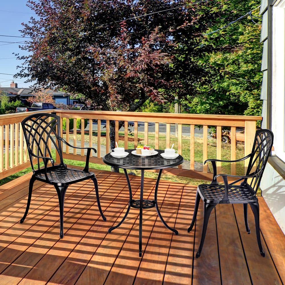 3-Piece Black Cast Aluminum Patio Bistro Set with Umbrella Hole