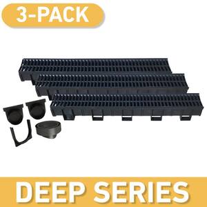 Deep Series 5.4 in. W x 5.4 in. D x 39.4 in. L Trench and Channel Drain Kit with Black Grate (3-Pack)