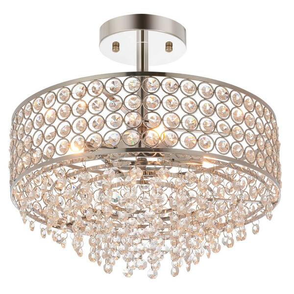 Merra 13.8 in. 4-Lights Chrome Semi-Flush Mount with Hanging Crystal ...