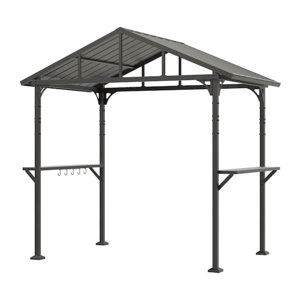 5 ft. x 8 ft. Outdoor BBQ Grey Grill Gazebo with 2-Side Shelves Sloping Galvanized Hardtop Roof, All-Weather, Patio Yard