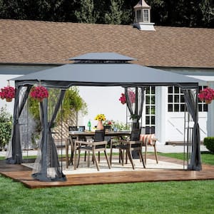 13 ft. x 10 ft. Gray Metal Outdoor Patio Gazebo Canopy Ventilated Double Roof and Mosquito Net for Lawn Garden Backyard