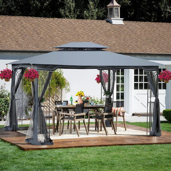 13 ft. x 10 ft. Gray Metal Outdoor Patio Gazebo Canopy Ventilated ...