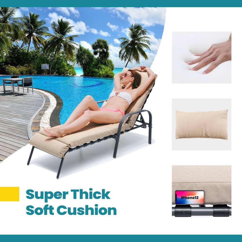 Tan Adjustable Steel Frame Outdoor Chaise Lounge with Cushion
