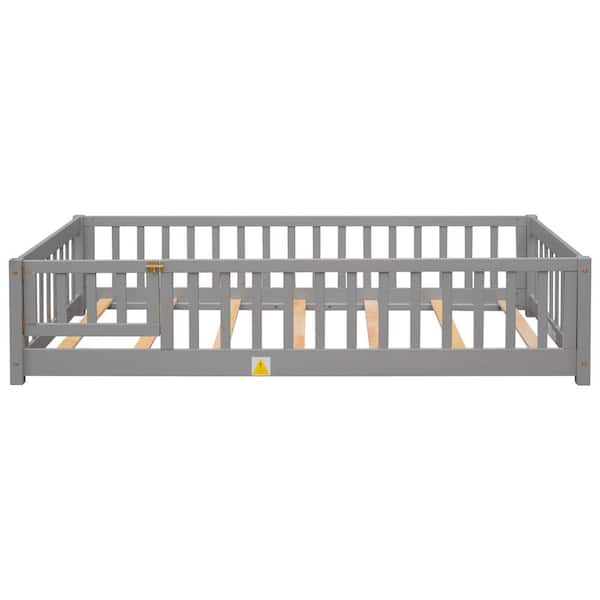 wetiny Gray Wood Frame Twin Platform Bed with Fence and Door