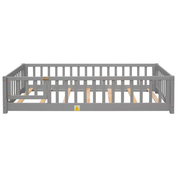 wetiny Gray Wood Frame Twin Platform Bed with Fence and Door