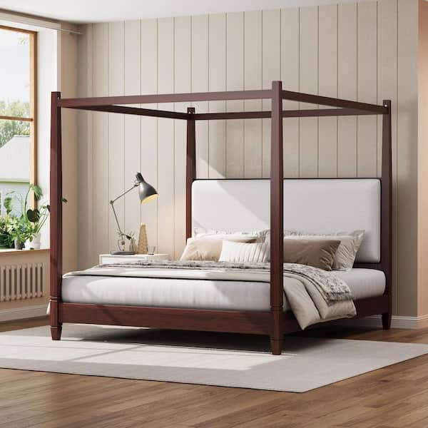 Yervon Modern Espresso Brown Wood Frame King Size Canopy Bed Platform Bed with Off-White Fabric Upholstery Headboard