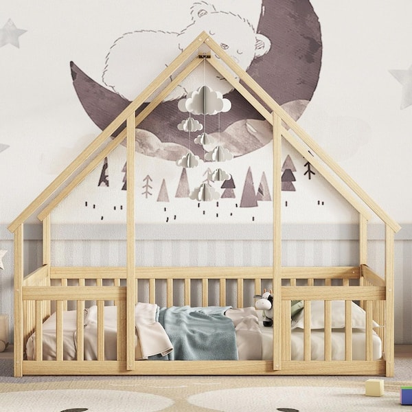 May Natural Wood Frame Full Size House Kids Bed, Floor Bed with Roof Design and Headboard, Footboard, Guardrails, Brown