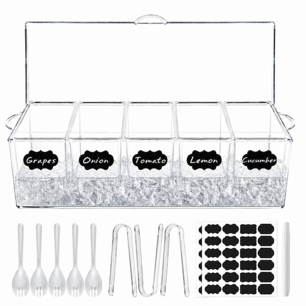 16.5 in. x 6.3 in. Clear BPA-Free Plastic Chilled Condiment Server Tray with Lid and 5 Removable Compartments