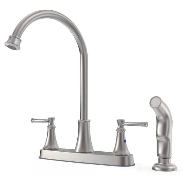 2-Handles Deck Mount 8 Inch Centerset Standard Kitchen Faucet with Side Sprayer 3 Hole or 4 Hole in Brushed Nickel