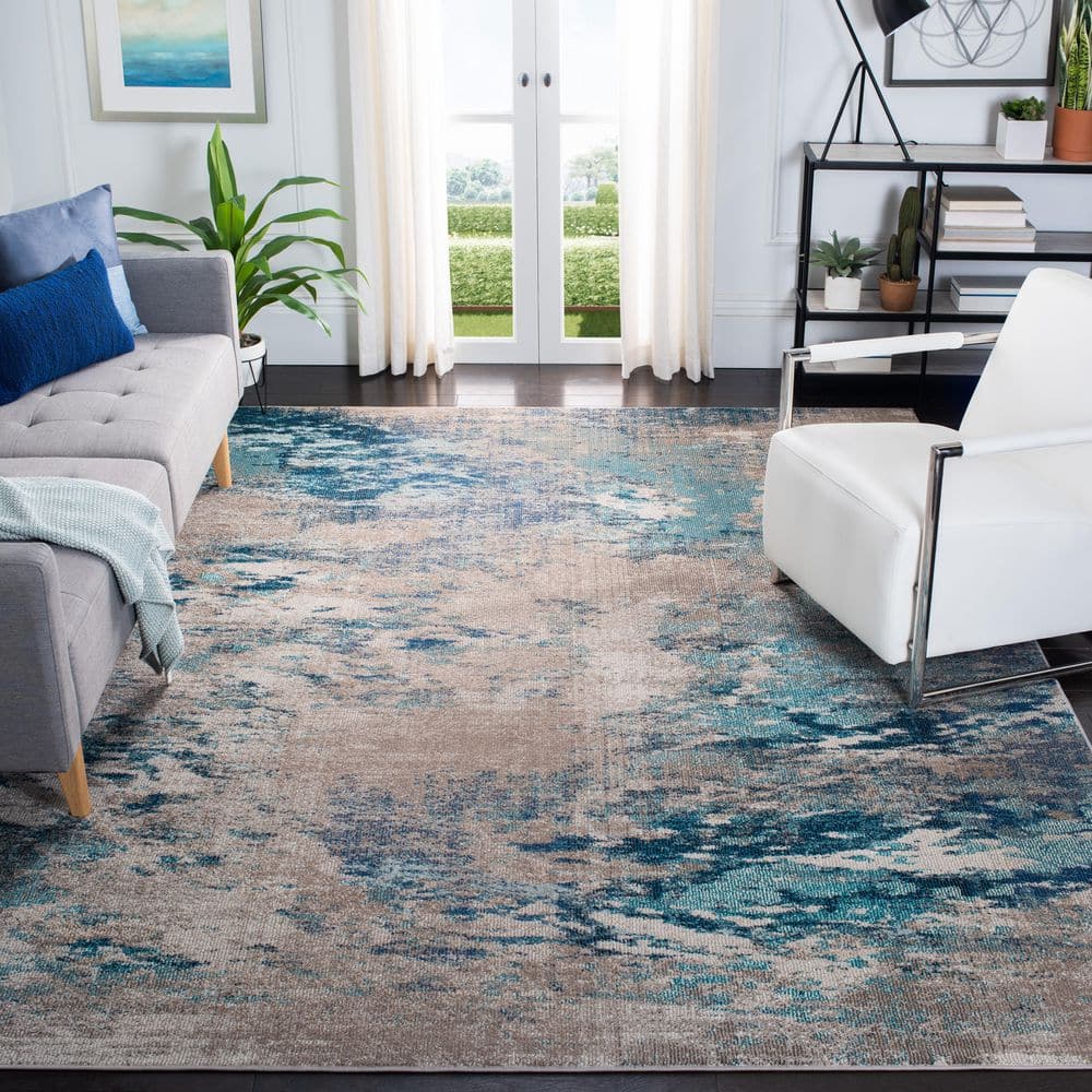 Modern Boho Abstract Blue/Grey Synthetic Area Rug, 10' x 14'