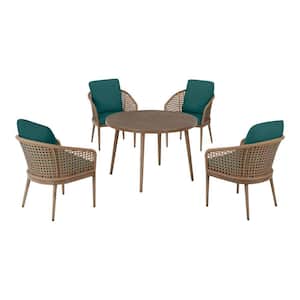 Coral Vista 5-Piece Brown Wicker and Steel Outdoor Patio Dining Set with CushionGuard Malachite Green Cushions