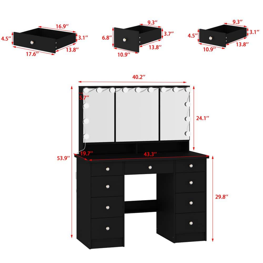 Black Modern Makeup Vanity Desk 9-Drawers Wood Dressing Table With 3-Mirrors, Hidden Storage Shelves, LED Bulb Lights - thumbnail 8