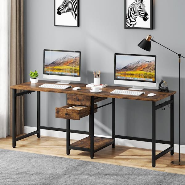 Perry 78 in. Rectangle Rustic Brown Storage Shelves 2 Drawers Computer Double Desk, Large Long Writing Table Study Desk