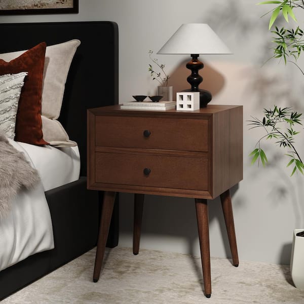 Brown 2-Drawers Acacia Wood Nightstand