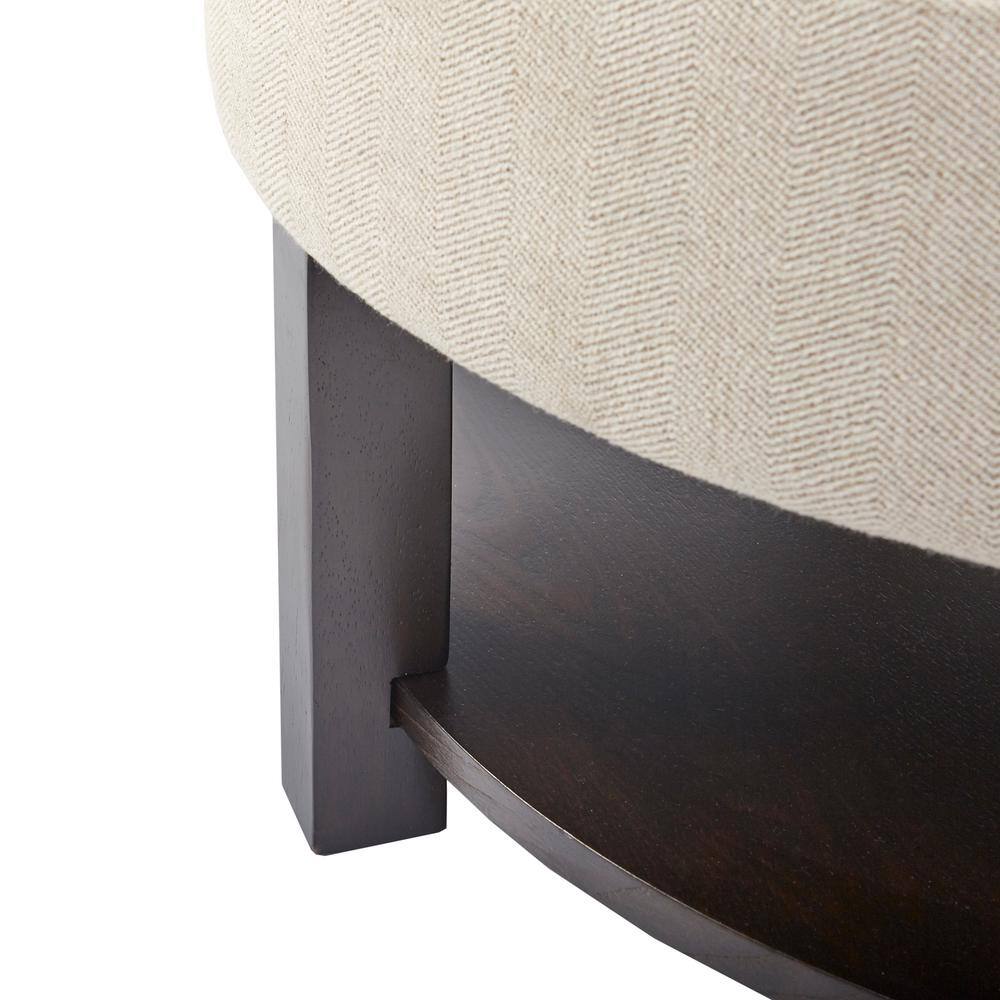 Cream Tufted Round Storage Ottoman with Veneer Shelf