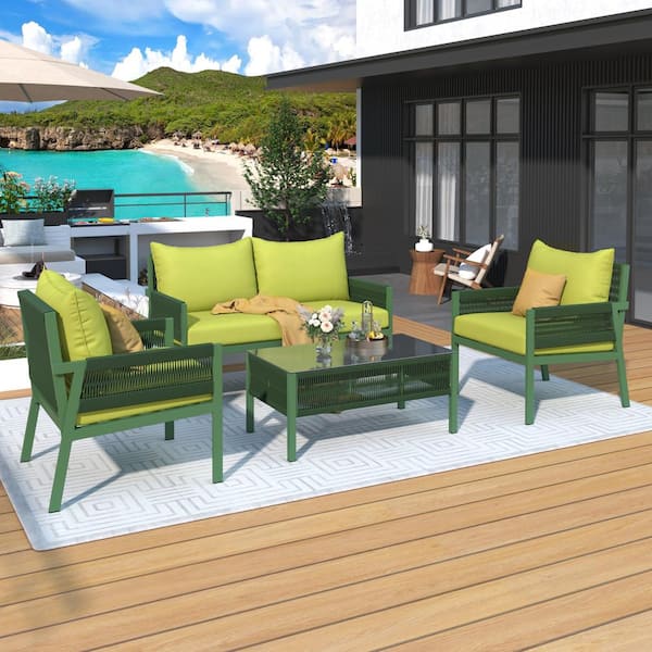 FORCLOVER 4-Piece Woven Rope Patio Conversation Set with Green Thick Cushions, Tempered Glass Table