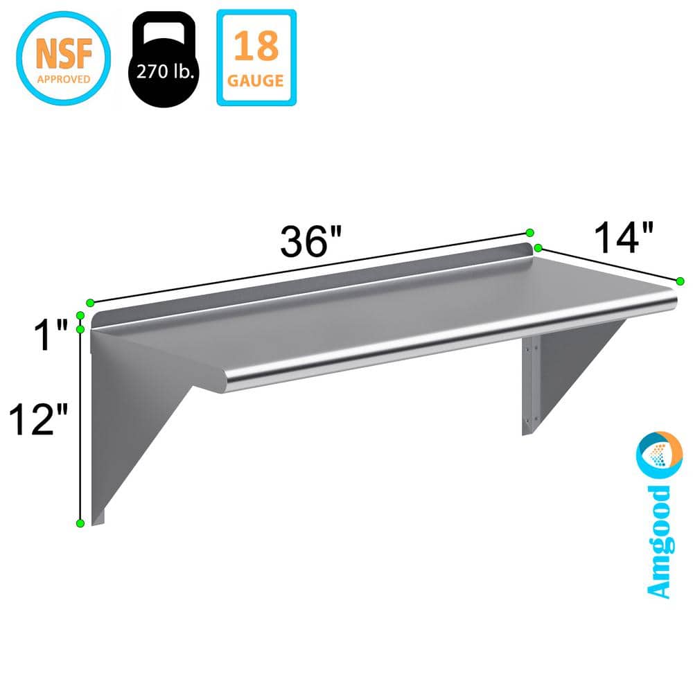 36" Stainless Steel Wall Shelf with Brackets
