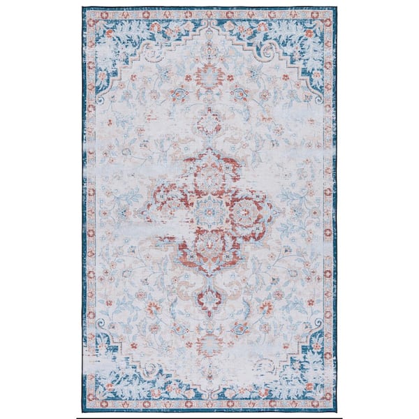 SAFAVIEH Tuscon Beige/Rust 9 ft. x 12 ft. Machine Washable Distressed Floral Medallion Area Rug