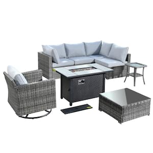 Messi Gray 8-Piece Wicker Outdoor Patio Conversation Sofa Fire Pit Set with a Swivel Chair and Light Gray Cushions