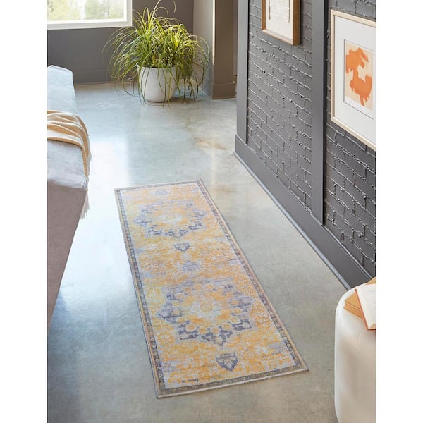 Renaissance Roma Tuscan Yellow 2 ft. x 13 ft. Runner Machine Washable Area Rug