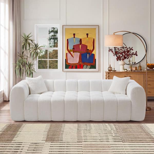 Wren Oversized 102.7 in. Round Arms Boucle Fabric Upholstered Rectangle Cloud Compressed Sofa in White