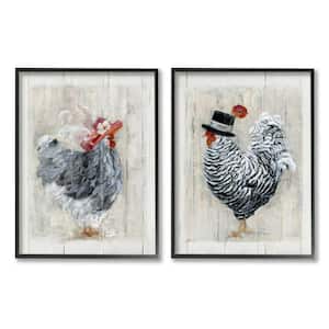 Farm Rooster and Hen Vintage Birds Brim Hats by Sally Swatland 2-Piece Framed Print Animal Art 24 in. x 30 in.