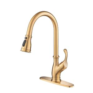 Single Handle Brush Head Pull Down Sprayer Kitchen Faucet in Brushed Gold (Deck Plate Included)