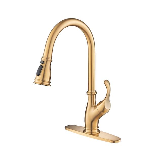 WELLFOR Single Handle Brush Head Pull Down Sprayer Kitchen Faucet in Brushed Gold (Deck Plate Included)