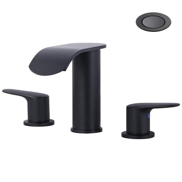ARCORA Waterfall 8 in. Widespread Double Handle Bathroom Faucet with Pop-up Drain in Matte Black