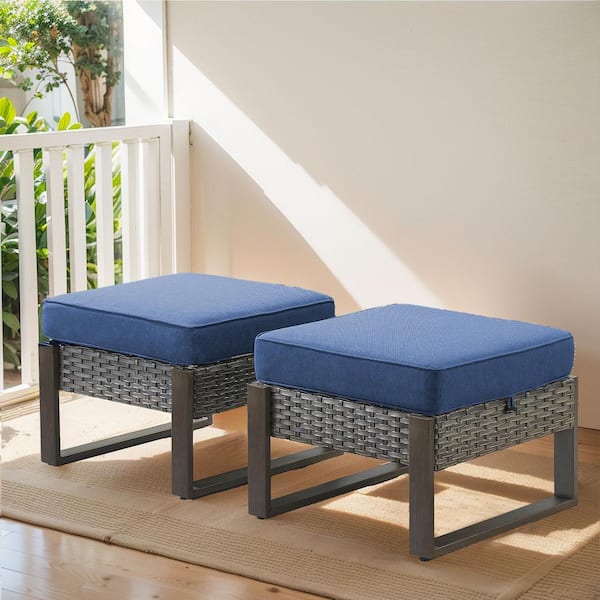 Gymojoy Allcot 2-Piece Gray Wicker Outdoor Ottoman Patio Rattan Footrest Seat Steel Frame Foostool with Removable Blue Cushions