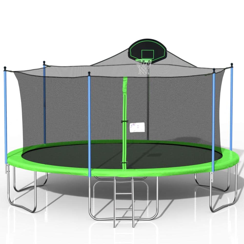 16 ft. Green Trampolines with Basketball Hoop, Ladder and Safety Enclosure Net for Kids and Adults