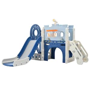 Blue HDPE Indoor and Outdoor Playset with Slide and Basketball Hoop