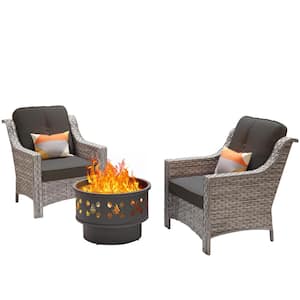 Eureka Gray 3-Piece Wicker Outdoor Patio Conversation Chair Set with a Wood-Burning Fire Pit and Black Cushions