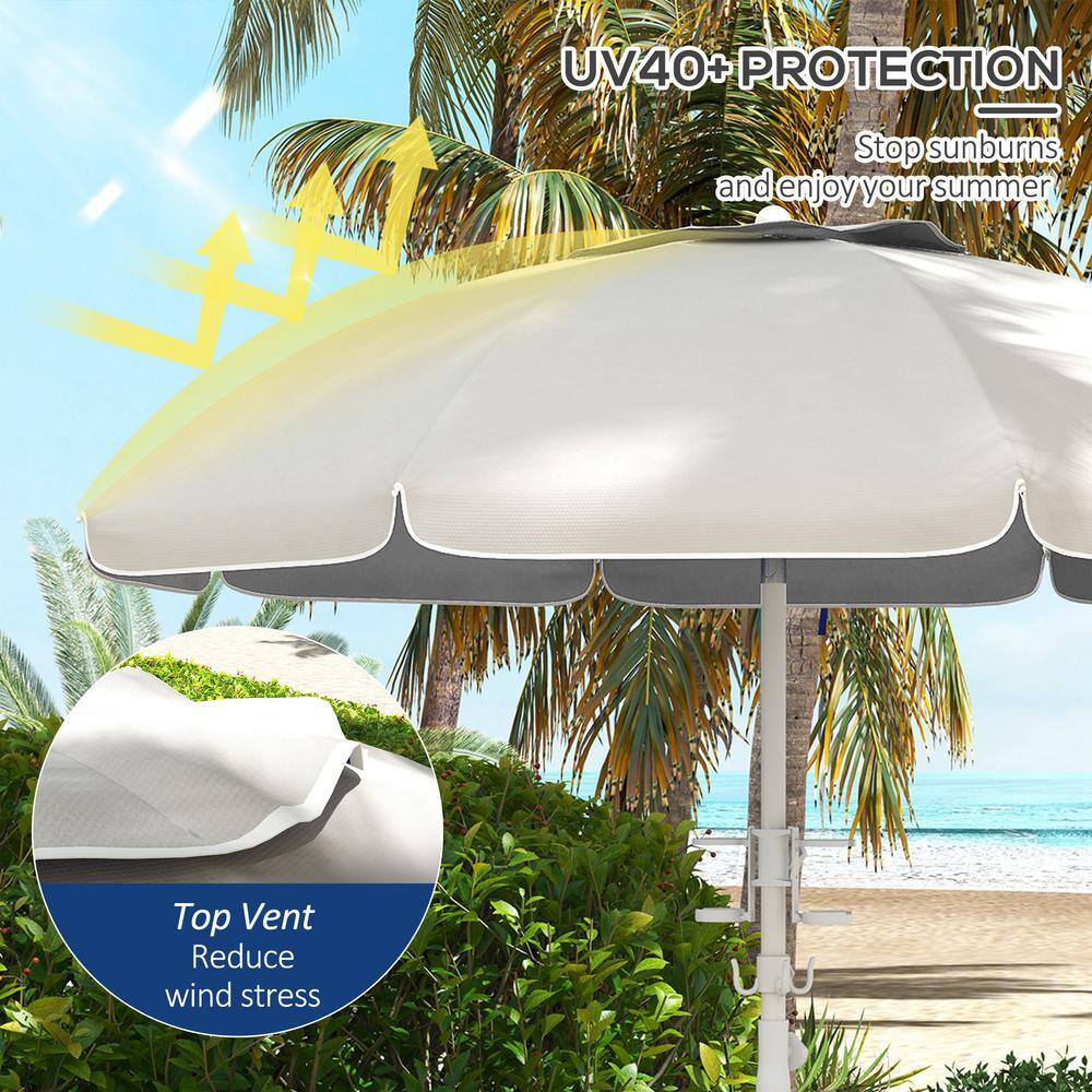 Cream White 5.7 ft Beach Umbrella with Cup Holders and Hooks