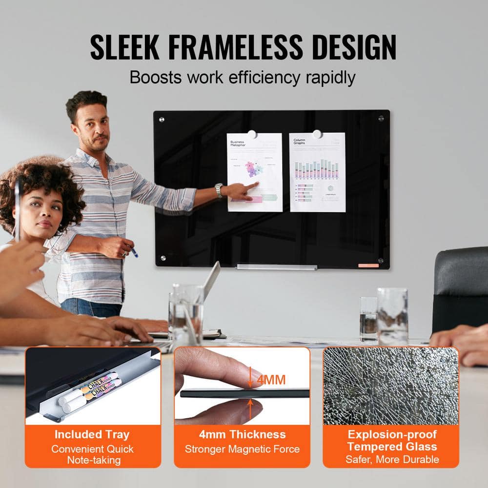 Black Frameless Magnetic Glass Whiteboard 36" x 24"