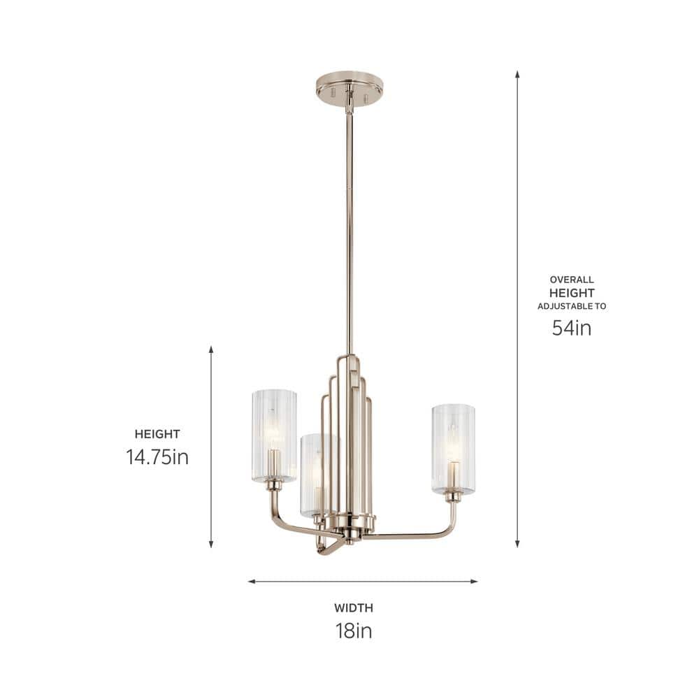Elegant Polished Nickel 3-Light Chandelier with Clear Fluted Glass