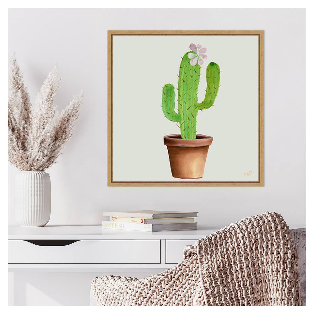 Succulent Symphony I Green Cactus Canvas Wall Art with Maple Frame