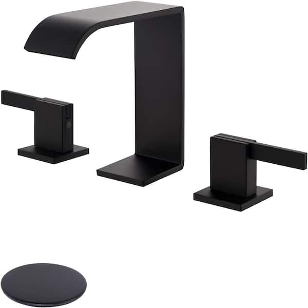 TRUSTMI 2-Handle 8 in. Waterfall Bathroom Sink Faucet, 3-Hole Widespread Bathroom Vanity Faucet with Drain Kit, Matte Black