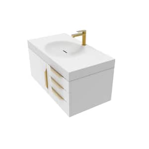 Thames 36 in. W x 19 in. D x 16.25 in H Single Floating Bath Vanity in Matte White w Gold Trim w Solid Surface White Top