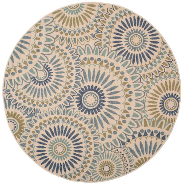 SAFAVIEH Veranda Cream/Green 7 ft. x 7 ft. Round Floral Indoor/Outdoor Patio  Area Rug