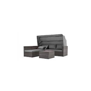 6-Piece Gray Wicker Patio Conversation Set with Gray Cushions, Adjustable Canopy and Backrest