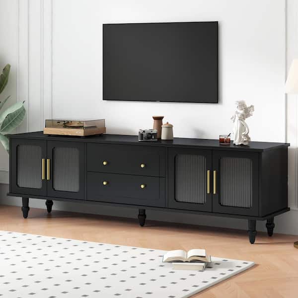 Harper & Bright Designs Black TV Stand Fits TVs up to 78 in. with Fluted Glass Doors, Cabinets, 2 Drawers