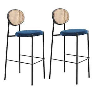 Euston Modern 29.5 in. Wicker Bar Stool with Black Powder Coated Steel Frame and Footrest, Set of 2 (Navy Blue)