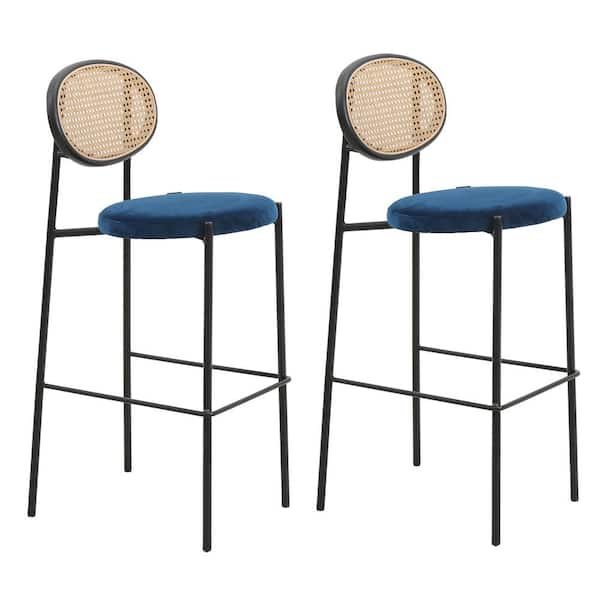 Leisuremod Euston Modern 29.5 in. Wicker Bar Stool with Black Powder Coated Steel Frame and Footrest, Set of 2 (Navy Blue)