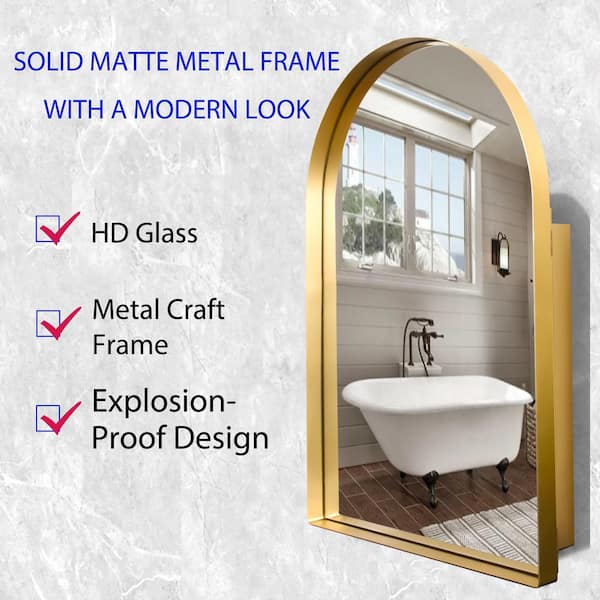 Tenleaf 24 in. W x 36 in. H Arched Recessed Metal Medicine Cabinet with Mirror and Adjustable Shelves in Matte Gold