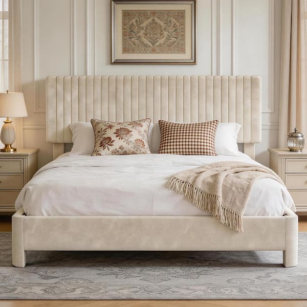 King Size Bed Frame with Headboard,Beige Velvet Upholstered Platform Bed,Sturdy Wood Slats,No Box Spring Needed