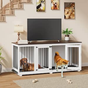 71 in. Large Dog Crate Furniture for 2 Dogs, XXL Heavy Duty Wooden Dog Crate with Trays and Divider for Large Medium Dog