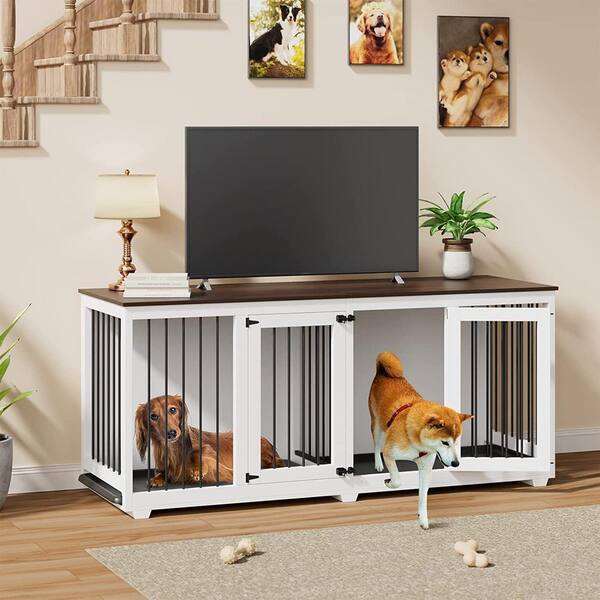 FUFU&GAGA 71 in. Large Dog Crate Furniture for 2 Dogs, XXL Heavy Duty Wooden Dog Crate with Trays and Divider for Large Medium Dog